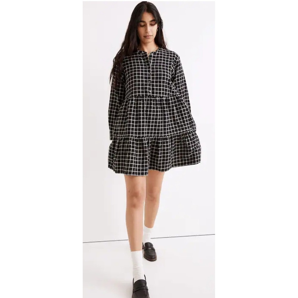 Madewell Flannel Tiered Mini Dress Womens M Windowpane Plaid Black cabincore NWT